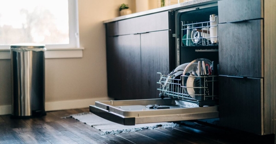 open dishwasher in a kitchen